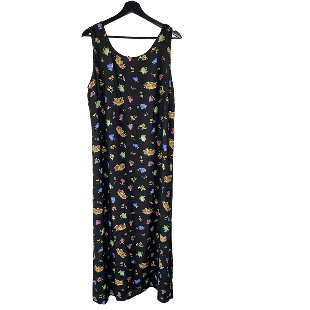 Vintage 90s Black Multicolor Garden Print Sleeveless Full Length Dress XL - Picture 1 of 7